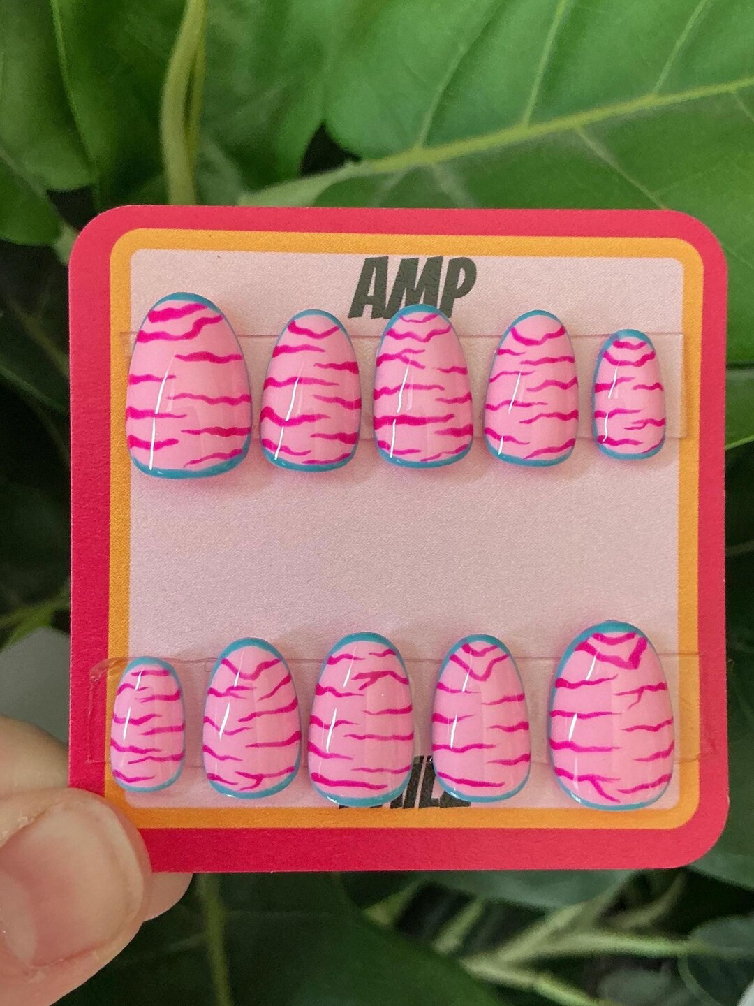 Hand Painted Pink and Teal Press on Nails, Press on Nails,gel Nails,zebra Press on Nails, Summer ... | Etsy (US)