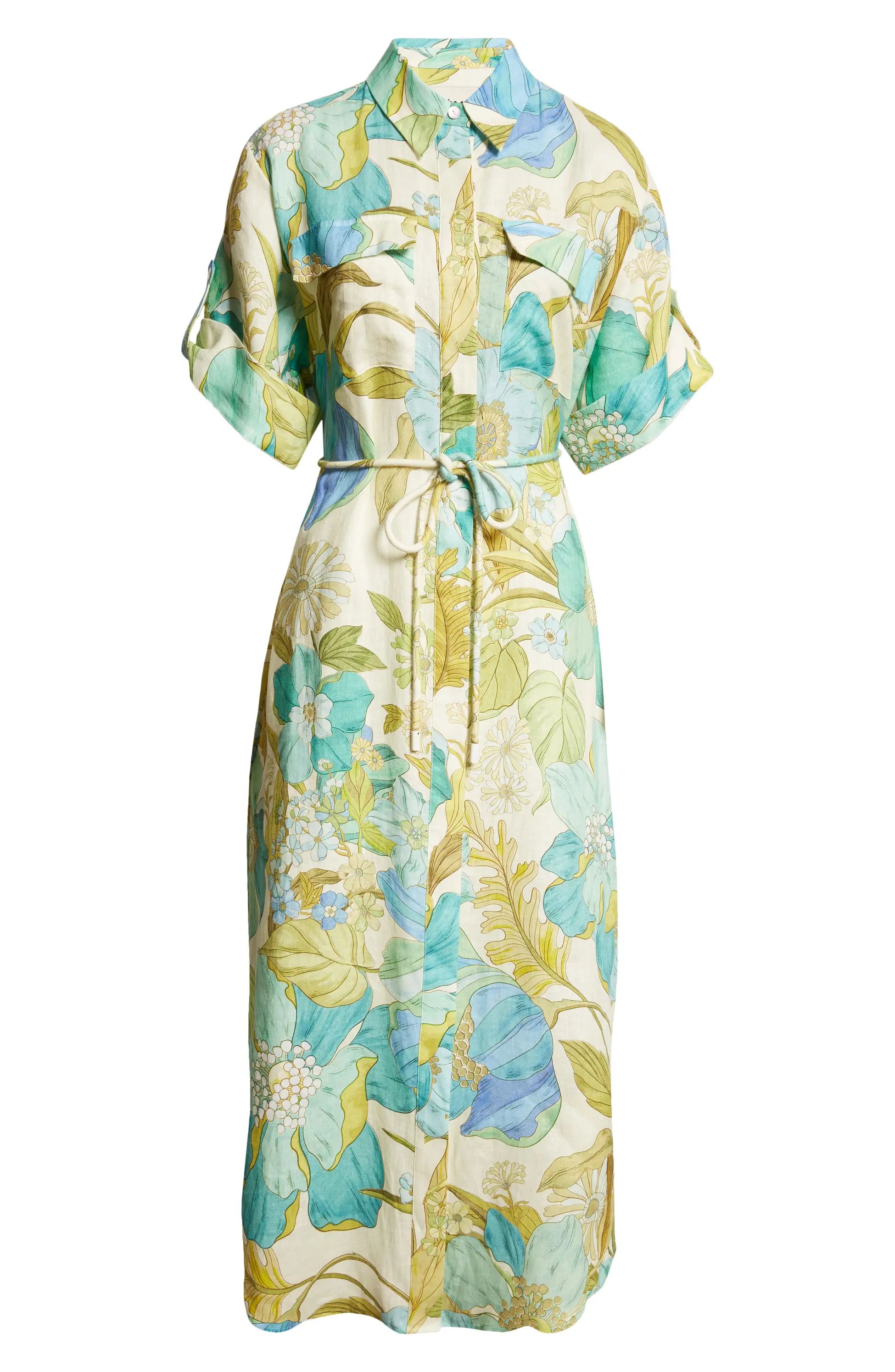 ALEMAIS Janis Floral Print Belted Linen Midi Shirtdress | Nordstrom | Nordstrom