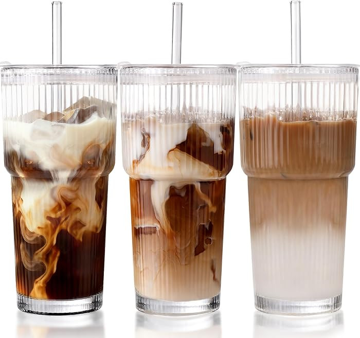 20 oz Ribbed Glass Cups with Lids and Straws,To Go Iced Coffee Cups 3 Pcs | Amazon (US)
