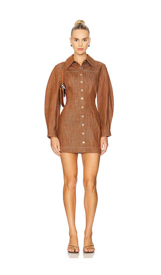 Seamed Leg Of Mutton Sleeve Mini Dress in Brown Denim | Revolve Clothing (Global)