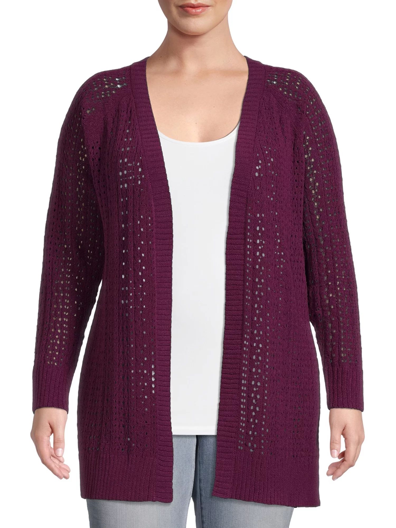 Terra & Sky Women's Plus Size Chenille Pointelle Cardigan Sweater, Lightweight - Walmart.com | Walmart (US)