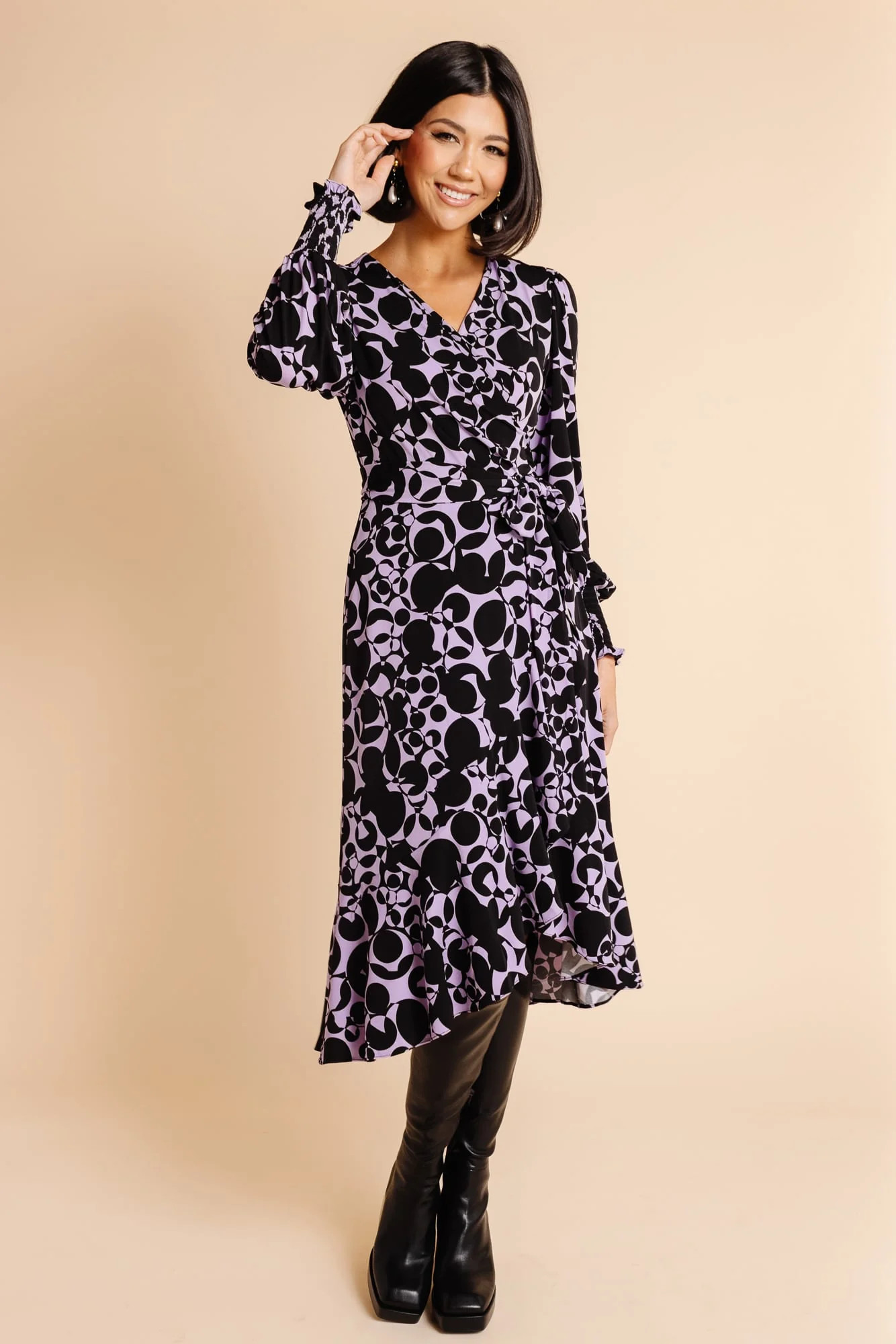 Retro Print Jersey Wrap Dress - Black/Lavender | Rachel Parcell