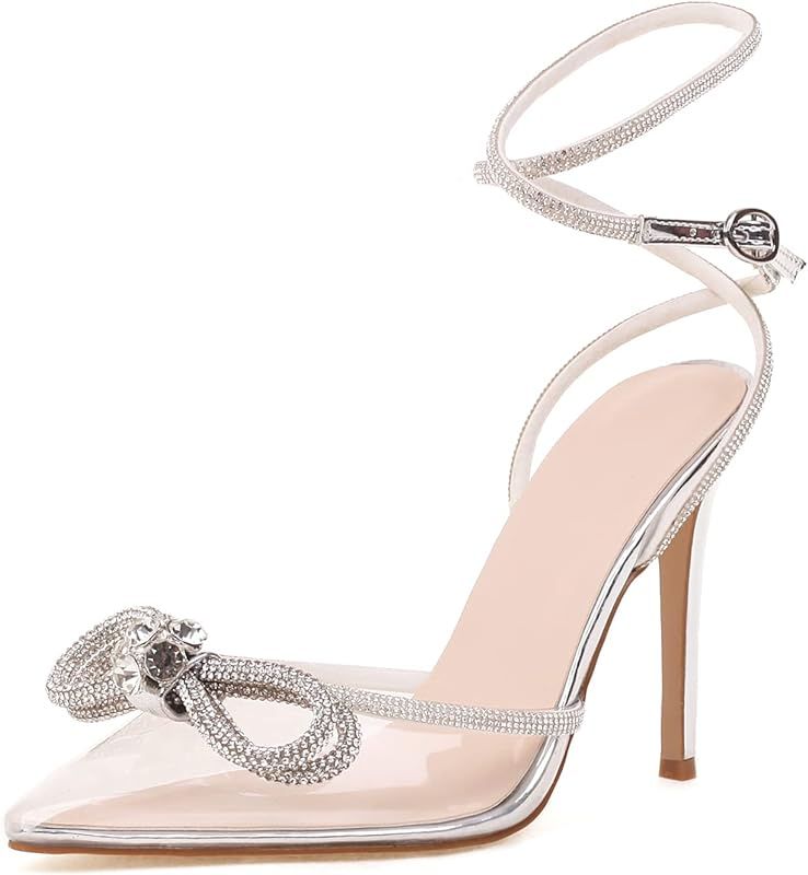 WIRALOMI Women's Rhinestone Bowknot High Heeled Sandals Glitter Ankle Strap Stiletto Heel Pumps Shoe | Amazon (US)