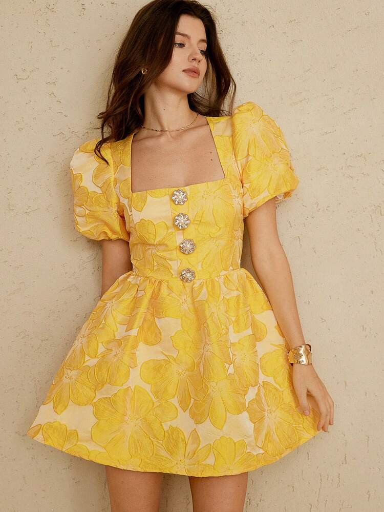 Aveloria Revavyn New Sweet French Yellow Floral Jacquard Dress, Square Collar Puff Sleeves Button Decor, Peplum Skirt Playful Style, Suitable For Dates, Birthdays, Parties, Summer Outings | SHEIN