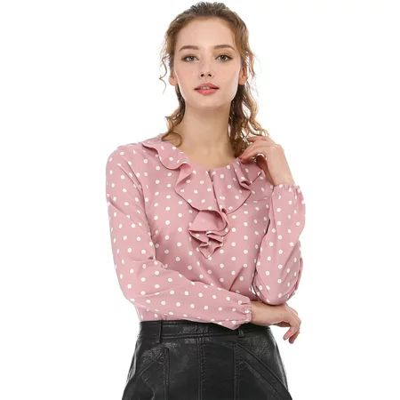 Allegra K Women's Ruffle Neck Long Sleeve Polka Dots Blouse Shirt | Walmart (US)