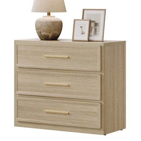 SICOTAS 31.3" W 3-Drawer Nightstand with Oversized Large Storage , Modern Night Stands Bedside Table with Adjustable Feet & Gold Handles for Bedroom Living Room Entryway, Light Oak | Walmart (US)