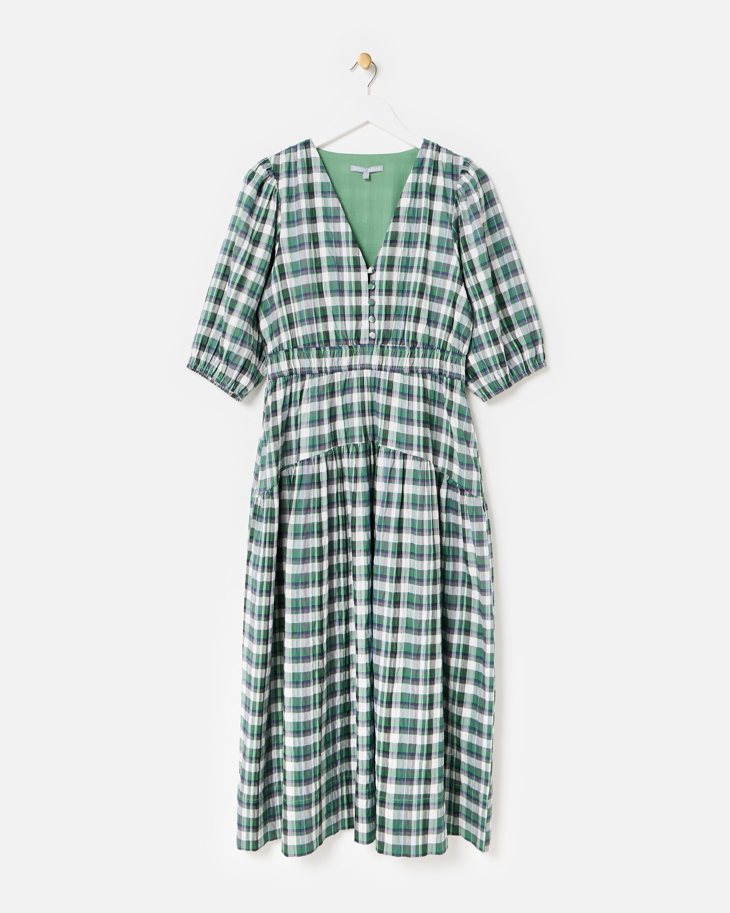 Green Checked V-Neck Puff Sleeve Midi Dress | Oliver Bonas | Oliver Bonas (Global)