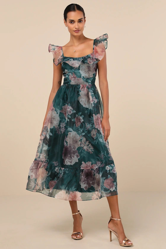 Sweet Composure Green Floral Organza Off-the-Shoulder Midi Dress | Lulus