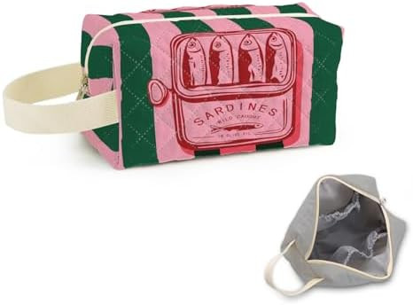 Canned Sardines Printed Quilted Makeup Pouch for Women - Velvety Polyester Cosmetic Organizer w/T... | Amazon (US)