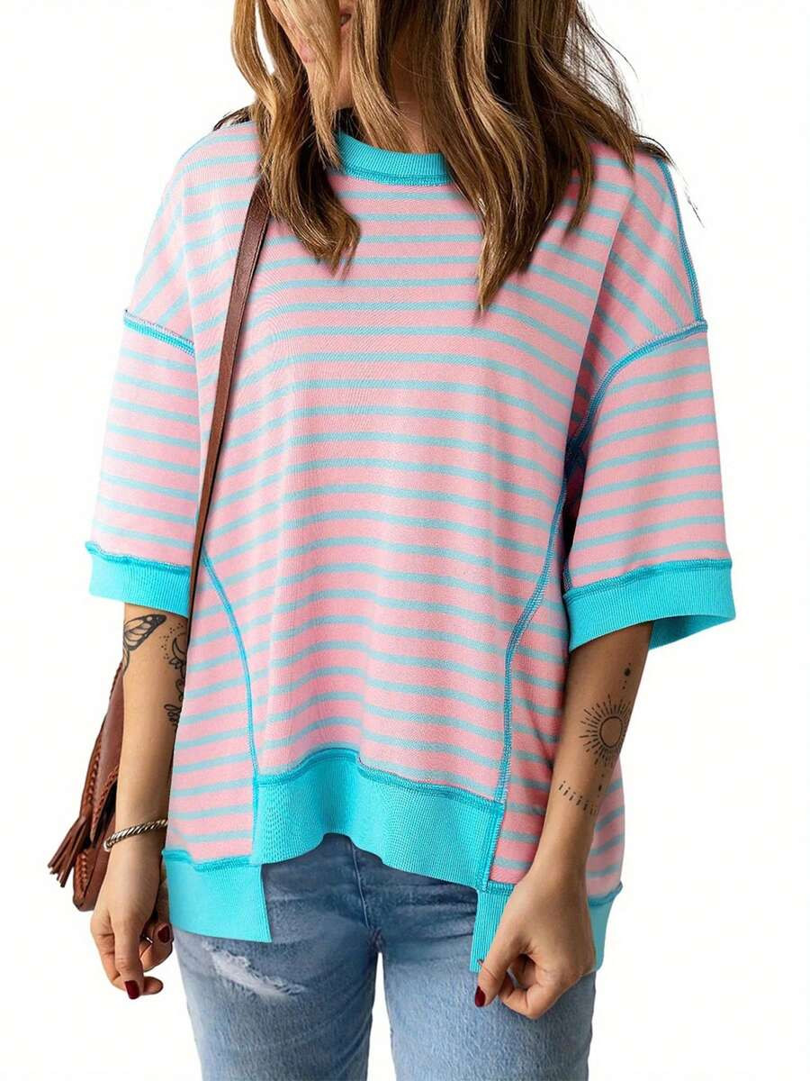 Women Short Sleeve T-Shirts Contrast Color Stripe Round Neck Shirts Summer Casual Loose Fit Tops ... | SHEIN