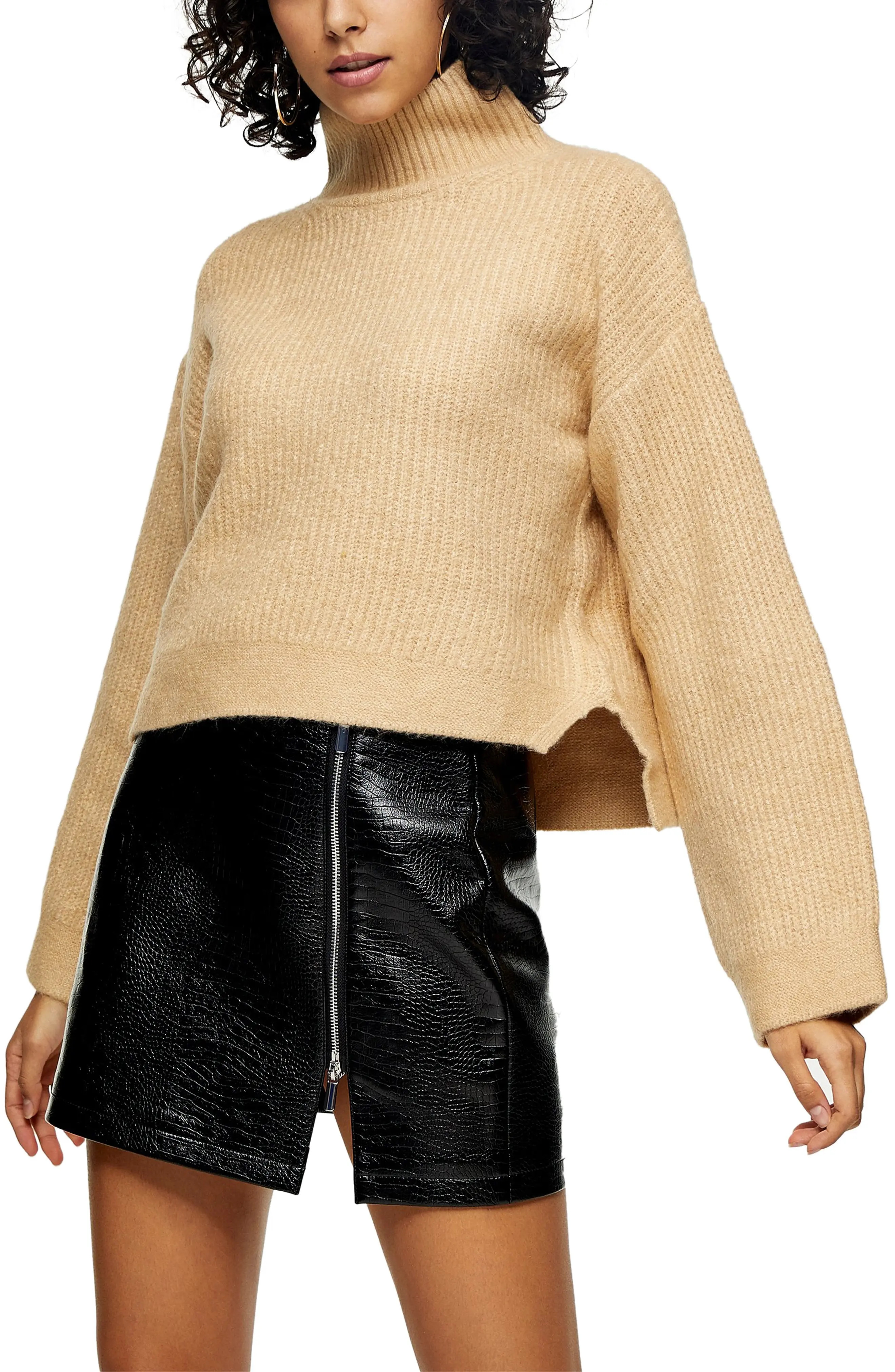Women's Topshop Crop Funnel Neck Sweater, Size Small - Beige | Nordstrom