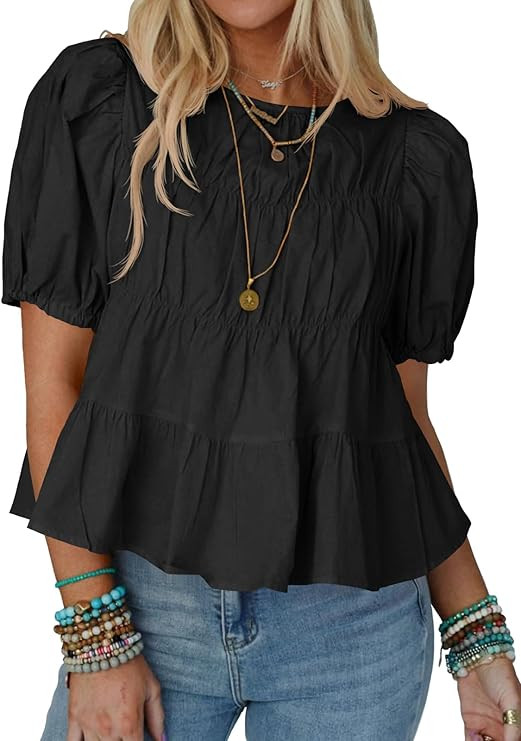 Tankaneo Womens Puff Sleeve Peplum Babydoll Tops Summer Smoked Pleated Cotton T-Shirts Casual Loo... | Amazon (US)