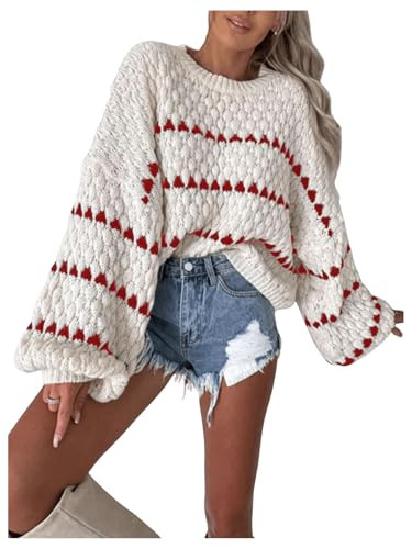 GORGLITTER Women's Striped Long Sleeve Oversized Chunky Sweater Trendy Fall Cozy Cute Cable Knit Pullover Sweater Tops White X-Large | Amazon (US)
