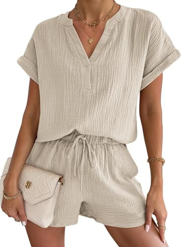 Andeip Lounge Sets for Women Loungewaer Pajamas Sets Womens Matching Shorts Pj Sets with Pocket Summer Trendy Beige XL | Amazon (US)