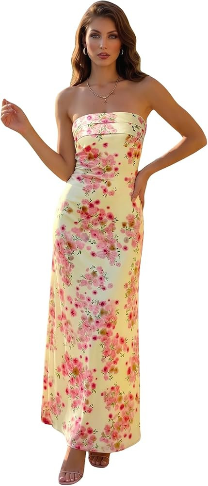 Milumia Women's Ditsy Floral Strapless Maxi Dress Draped Backless Bodycon Summer Tube Dresses | Amazon (US)