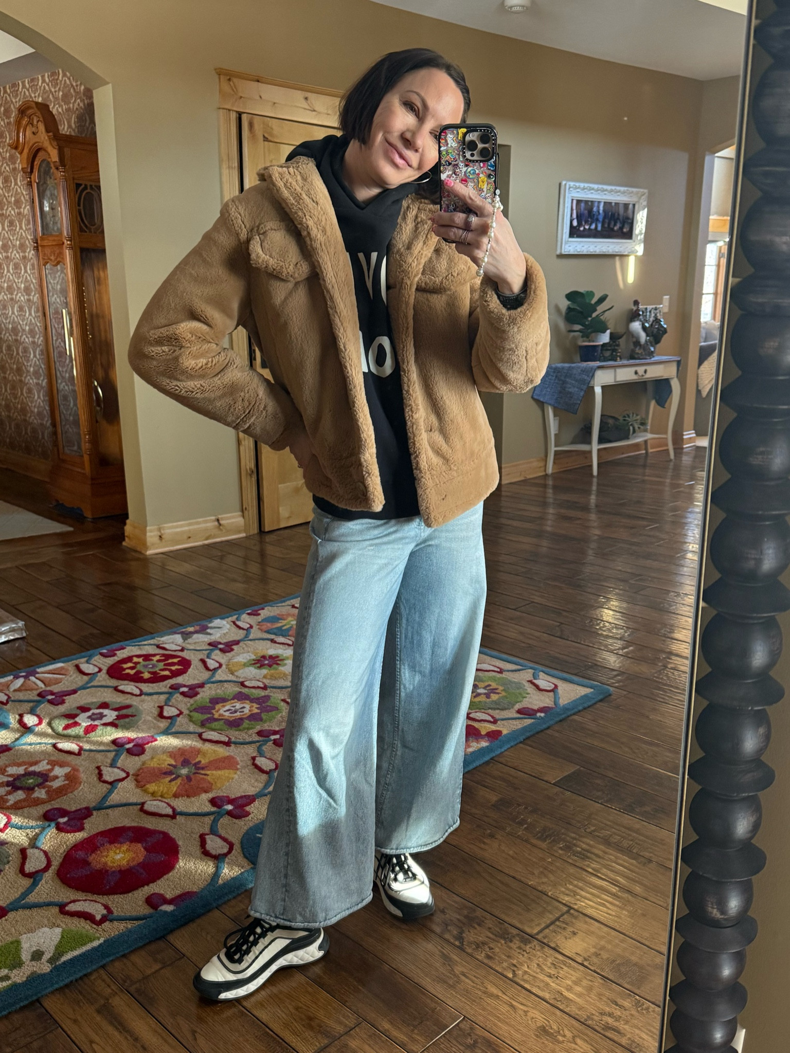 Comfy winter outfit inspo- these denim pants from Frame are so stretchy and comfortable and on sale! Paired with a sweatshirt, teddy bear faux fur coat and sneakers.

#LTKSaleAlert #LTKSeasonal #LTKStyleTip