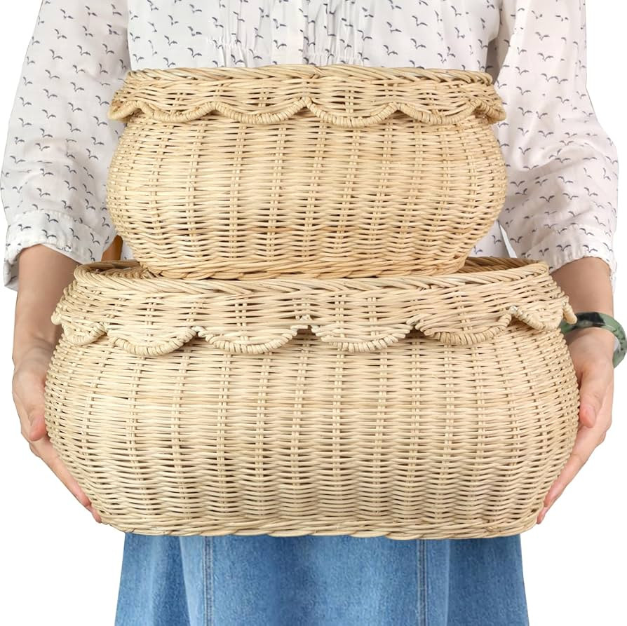 2pcs Hand Woven Rattan Scallopped Baskets with Lid, Small Rattan Basket, Decorative Wicker Storag... | Amazon (US)