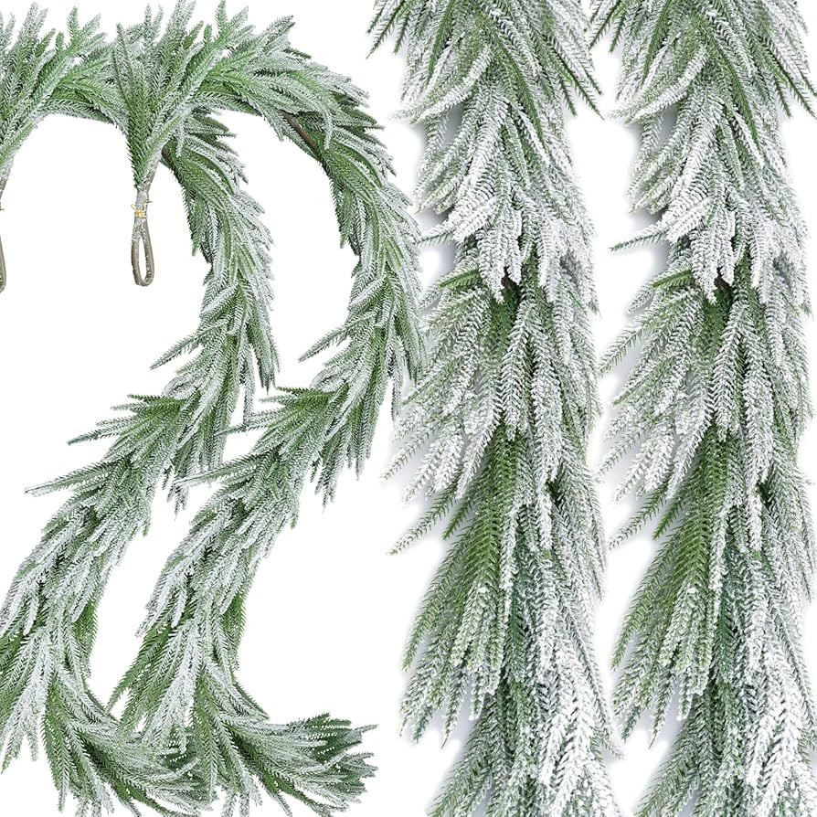 2 Pcs Snow Flocked Norfolk Pine Garlands, 72 Inch Real Touch Winter Pine Garland, Green Artificia... | Amazon (US)