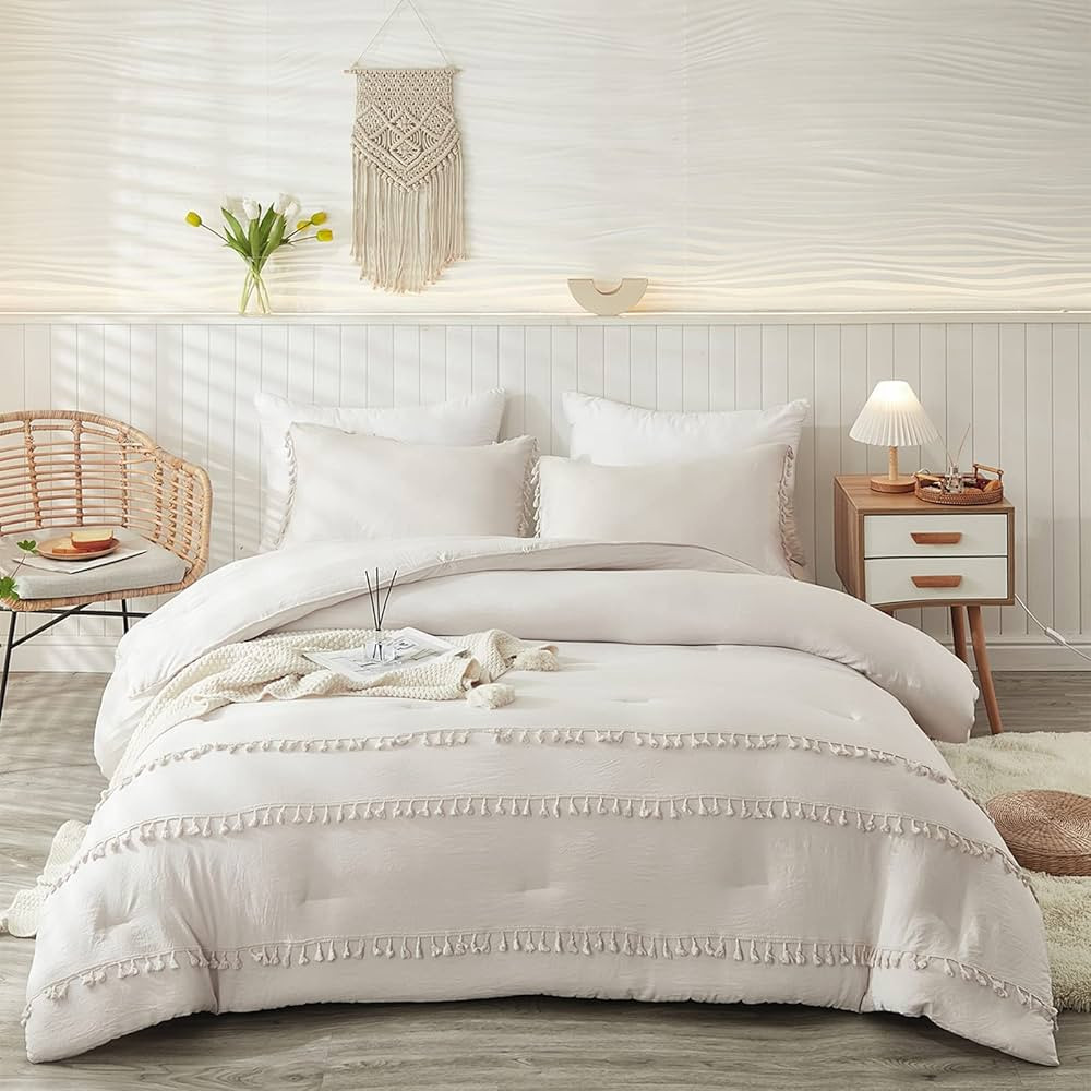 Bedbay Queen Comforter Set Boho Bedding Beige Grey Comforter Set Macrame Tassel Fringe Farmhouse ... | Amazon (CA)