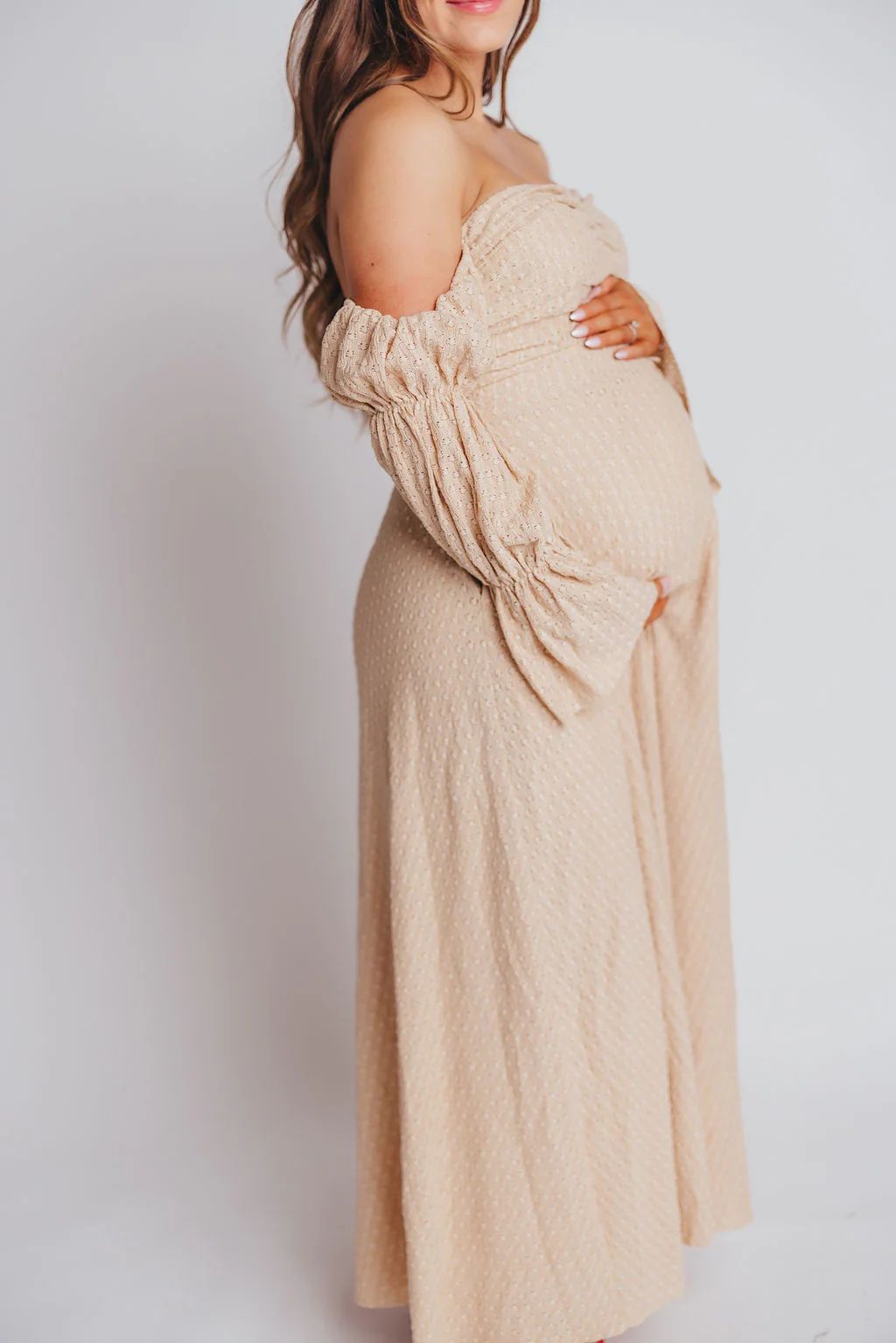 Corrine Tiered Sleeve Maxi Dress with Pockets in Beige - Bump Friendly | Worth Collective