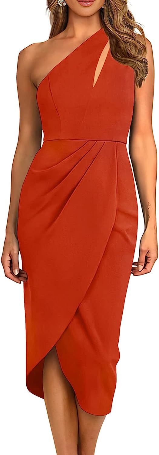 PRETTYGARDEN Women's One Shoulder Ruched Bodycon Cutout Slit Wrap Party Cocktail Midi Dress | Amazon (US)