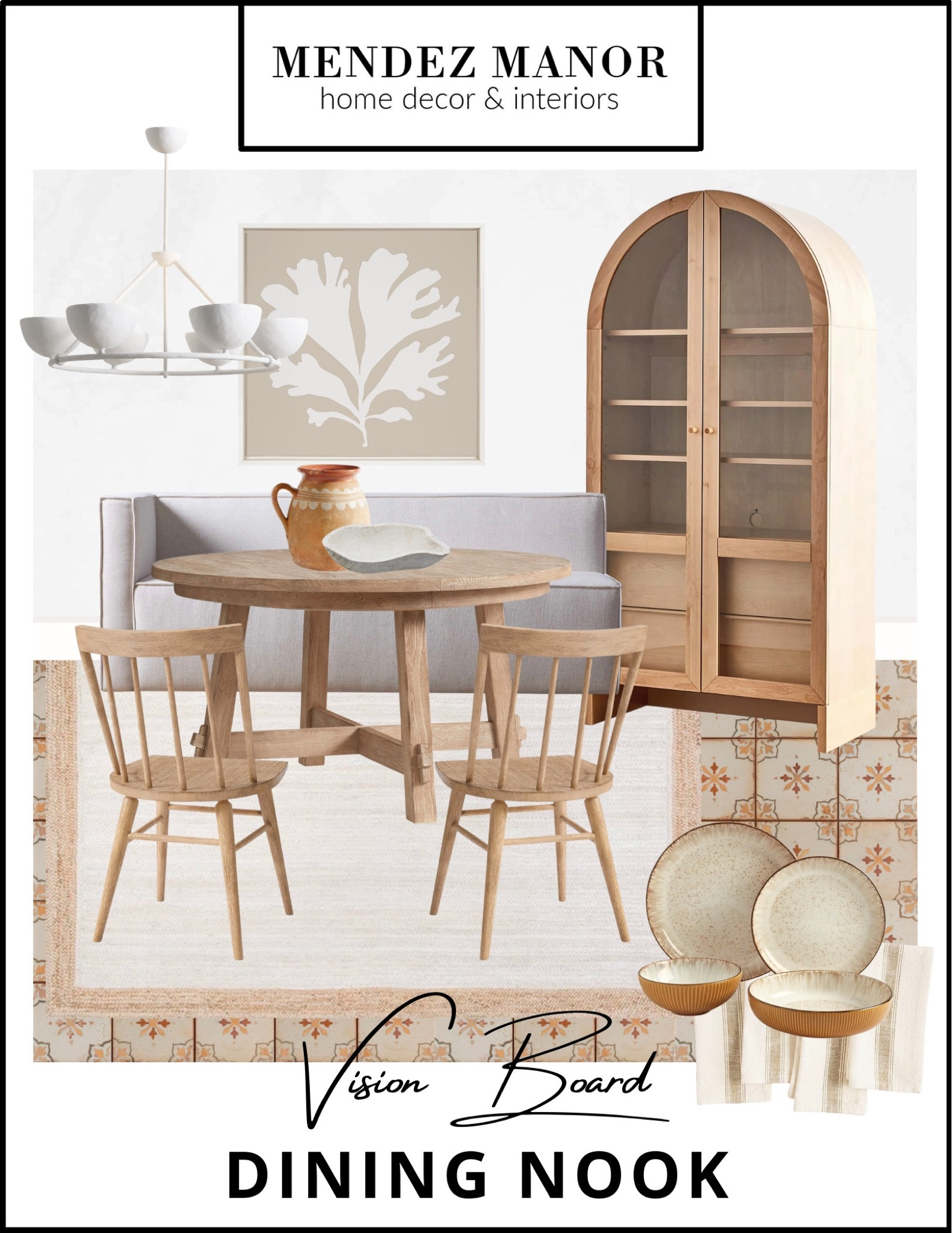 Vintage look tiles set the stage in this charming Santa Barbara-style dining nook design! Inviting neutrals and subtle coastal accents keep the space feeling relaxed and sophisticated at the same time. 

#diningnook #diningroom #kitchentable #santabarbara #juterug #coastaldecor

#LTKhome #LTKstyletip