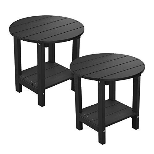 MXIMU Round Outdoor Side Table Adirondack Tables 18 Inch Chairside End Tables with Storage Shelf, 2-Tier Plastic Patio Side Table, Weather Resistant for Balcony Backyard Lawn (Black, 2 Pack) | Amazon (US)