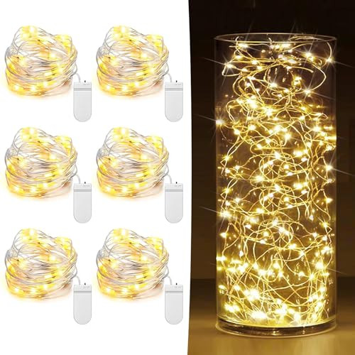 6 Pack Fairy Lights Battery Operated 7ft 20 LED Mini String Lights Twinkle Lights Silver Wire Firefly Starry Lights for Mason Jars Wedding Party Christmas Centerpiece Table Decorations, Warm White | Amazon (US)