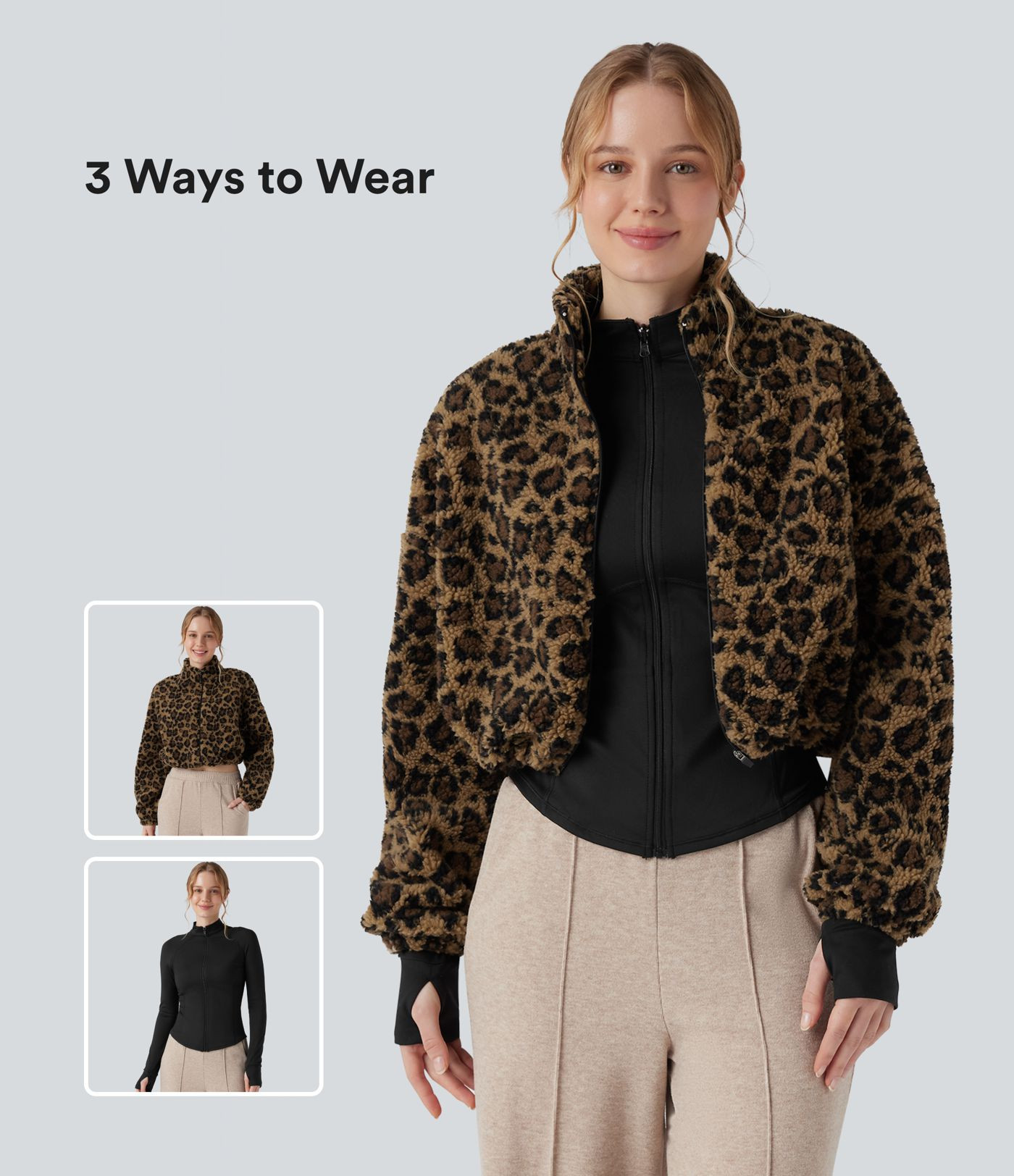 Women’s 3-in-1 Stand Collar Long Sleeve Thumb Holes Jacket & Drawstring Hem Sherpa Jacket with ... | HALARA