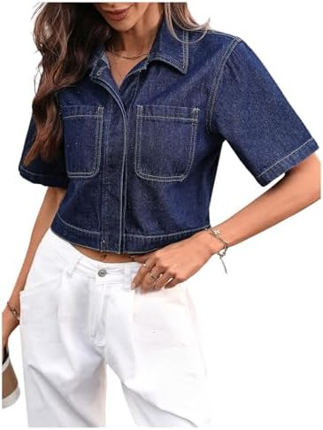 SHENHE Women's Short Sleeve Denim Jacket Button Up Cropped Jean Jacket with Pockets | Amazon (US)