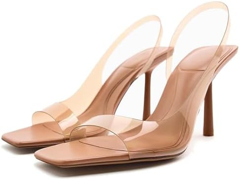 Women'S Clear Square Open Toe Stiletto Slingback Sandals Sexy Transparent Strappy Ankle Straps Co... | Amazon (US)