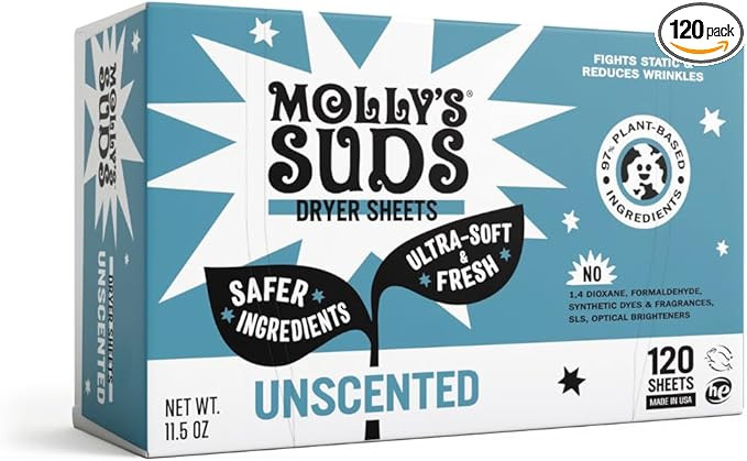 Molly's Suds Fabric Softener Dryer Sheets for Sensitive Skin | Plant-Based Static Reducer, Plasti... | Amazon (US)