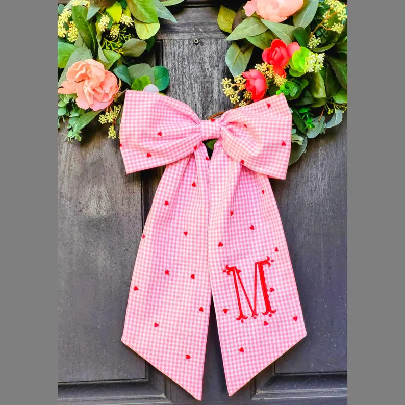 Valentines Wreath Bow: Pink Gingham Bow with Embroidered Red Hearts, Valentines Day Front Porch D... | Etsy (US)