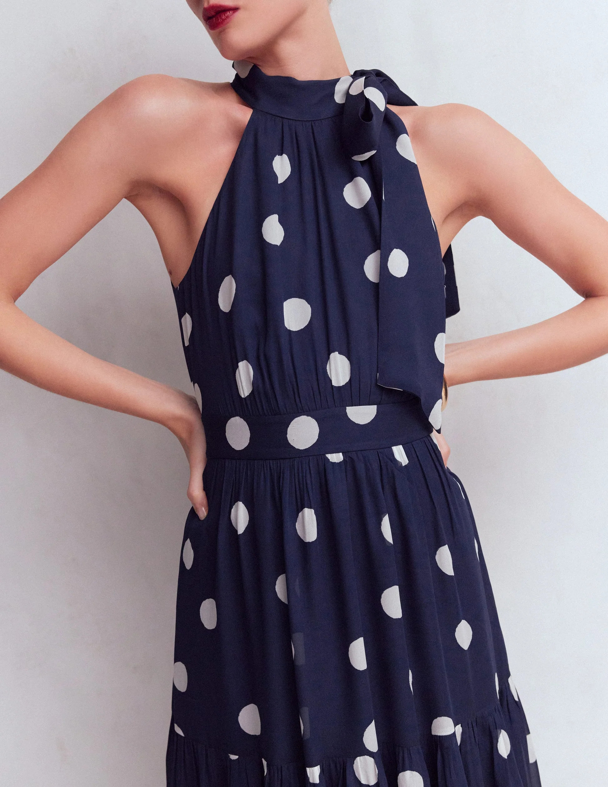 Roisin Tie Neck Maxi Dress-Navy Painted Dot Spaced | Boden UK