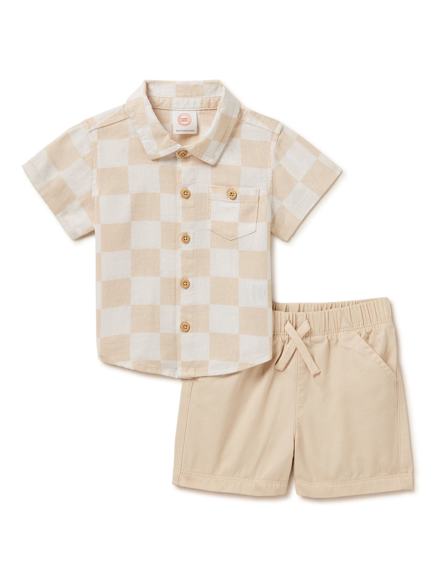 Wonder Nation Baby Boys Checkered Button Down Shirt and Shorts, 2-Piece Resort Set, Sizes 0-24 Mo... | Walmart (US)
