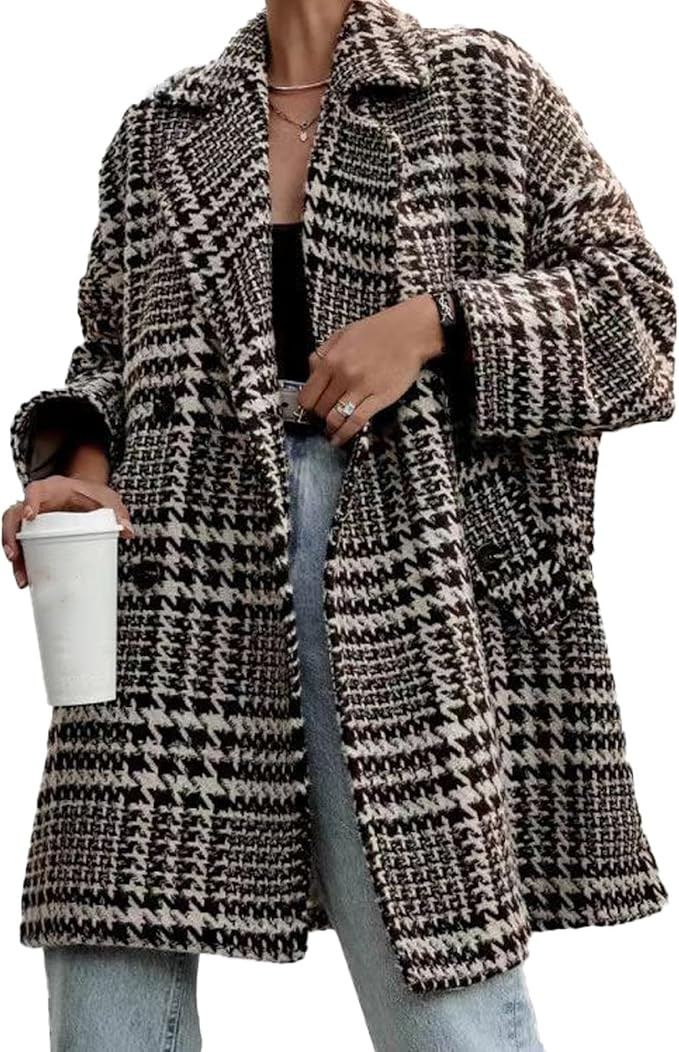 Sexyshine Women's Winter Double Breasted Houndstooth Coat Notch Lapel Plaid Wool Blend Pea Coat M... | Amazon (US)