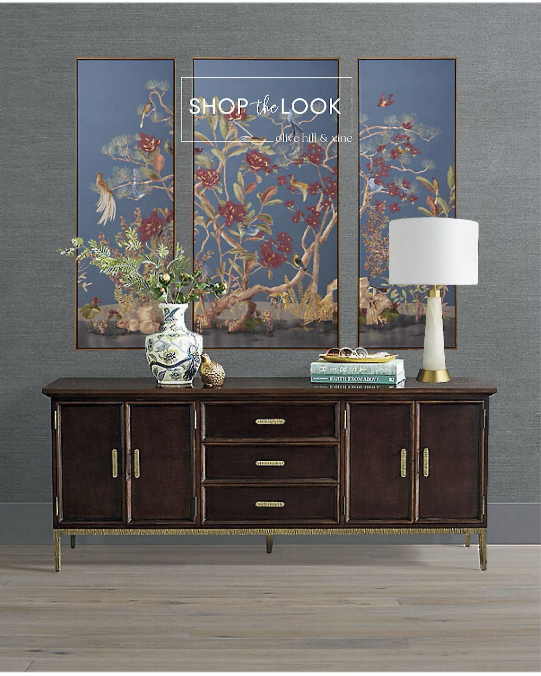 Above the dining hutch, a captivating canvas adorned with East Asian artistic traditions takes center stage, showcasing a deep blue base and depicting majestic pheasants in a stunning triptych arrangement.

#LTKstyletip #LTKfamily #LTKhome