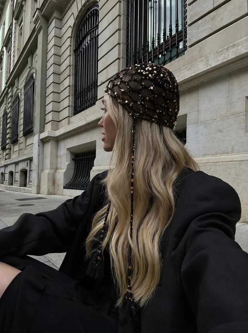 Black Crochet Cap \u2013 Sequin Mesh Beanie \u2013 Summer Skull Cap \u2013 Handmade Cotton Juliet... | Etsy (Global)