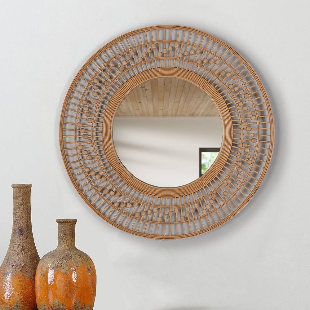 Decoccino Natural Rattan Farmhouse Round Wall Mirror 28" with Wooden Beads, Boho Circle Wicker Mi... | Amazon (US)