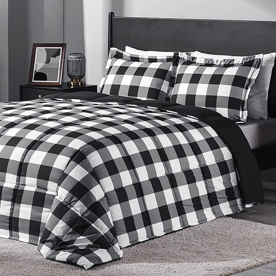 downluxe Lightweight Plaid Comforter Set (Queen) with 2 Pillow Shams - 3-Piece Set - Black/White ... | Amazon (US)