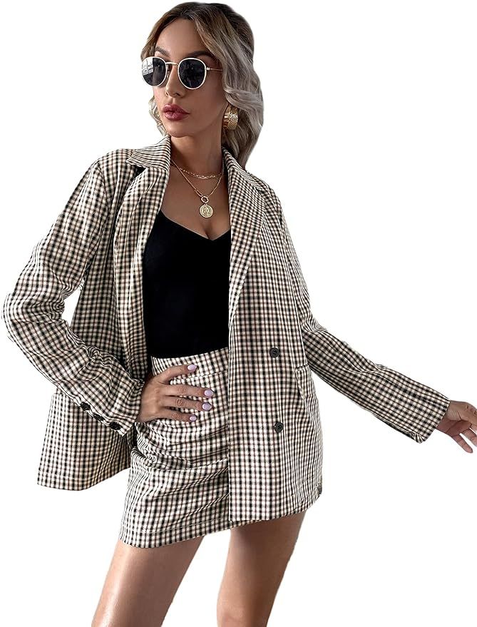 SheIn Women's 2 Piece Plaid Long Sleeve Lapel Collar Blazer and Mini Skirt Set | Amazon (US)