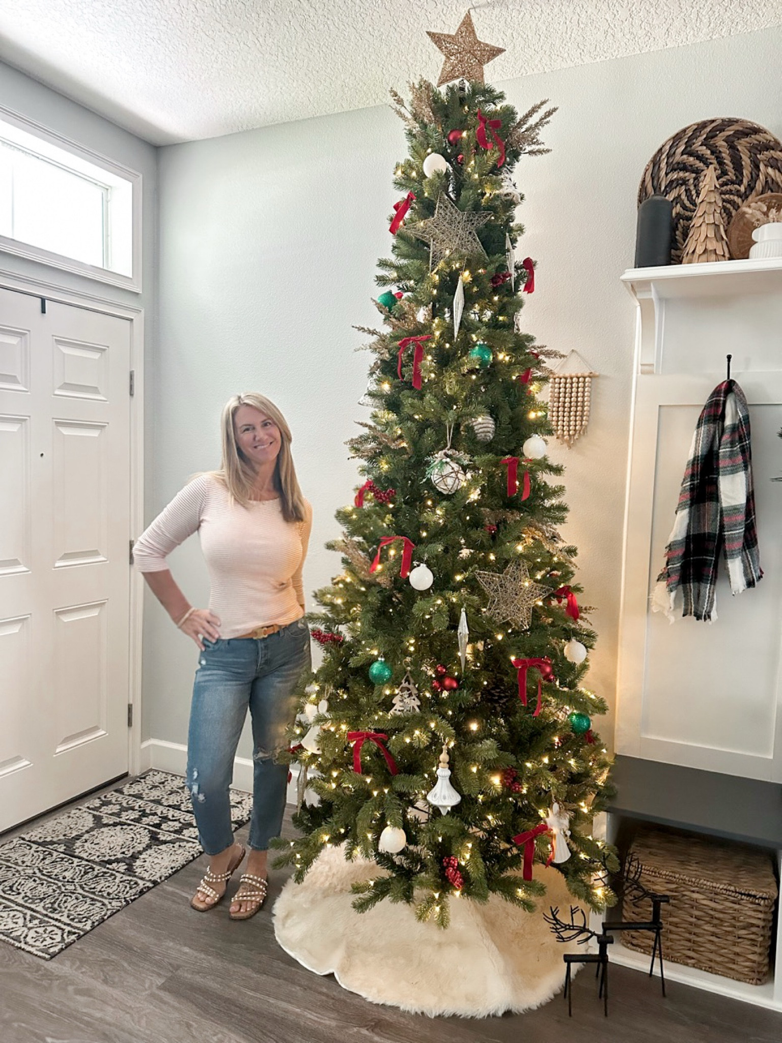 Super tall and slim green faux Christmas tree by my fave @kingofchristmas #coloredlights #whitelights #christmasdecor #ornaments #treetopper #treeskirt #kingofChristmas

#LTKHome #LTKHoliday #LTKSeasonal