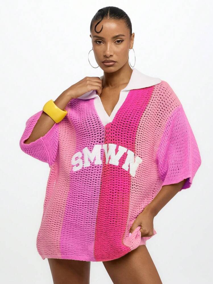 SUMWON WOMEN Crochet Oversized Polo Collar Pullover Mesh Knit Beach Top Summer Vacation Resort Holiday Casual Wear,Tops For School | SHEIN