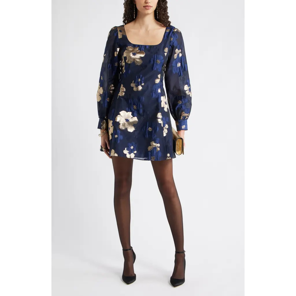Chelsea28 Metallic Floral Jacquard Minidress in Navy Multi Lurex at Nordstrom Rack, Size Large | Nordstrom Rack