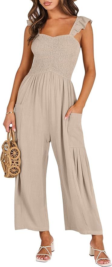 ANRABESS Women Summer Casual Dressy Sleeveless Smocked Wide Leg Linen Jumpsuits Rompers 2024 Tren... | Amazon (US)