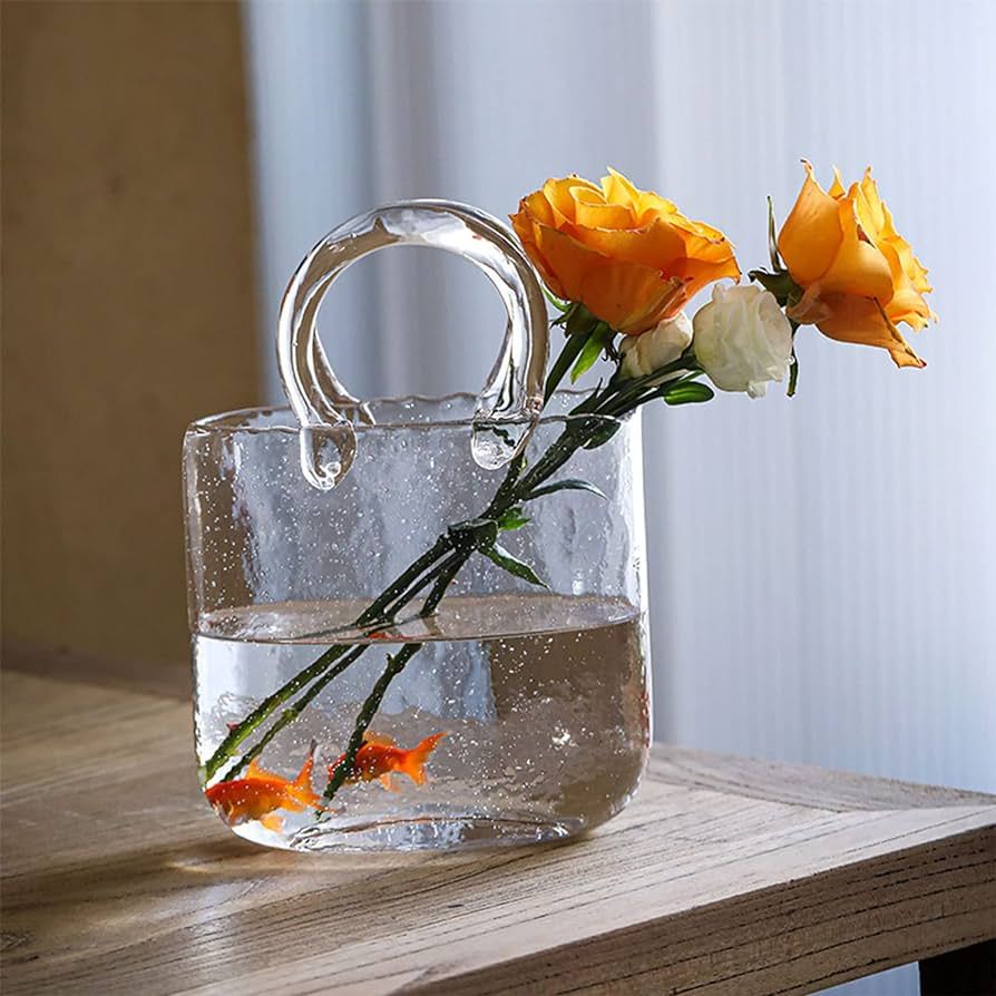 Hewego Glass Clear Vase with Elegant Purse Design,Clear Purse Vases with Handle and Bubbles Withi... | Amazon (US)