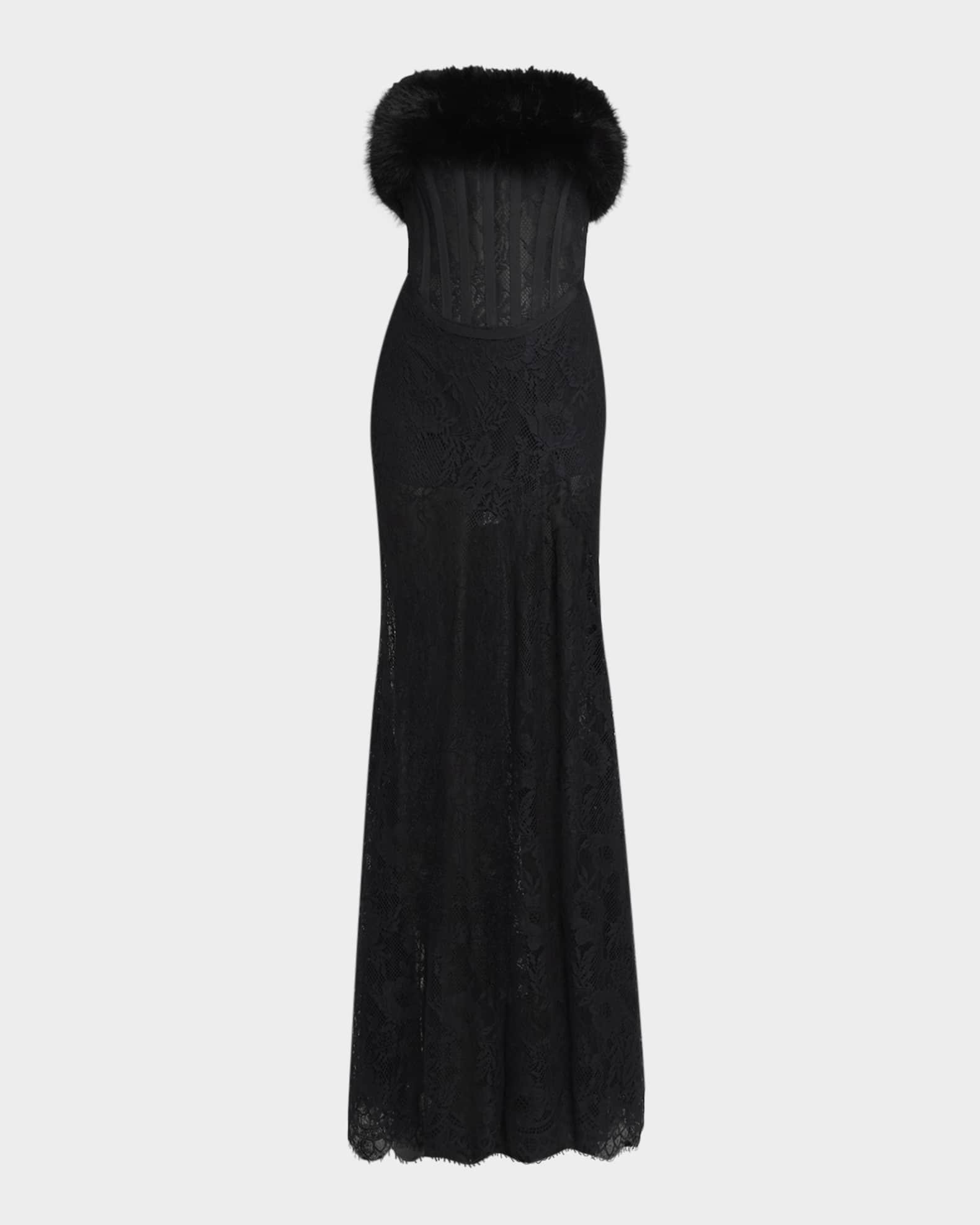 Elie Saab Faux-Fur Trim Strapless Lace Corset Gown | Neiman Marcus
