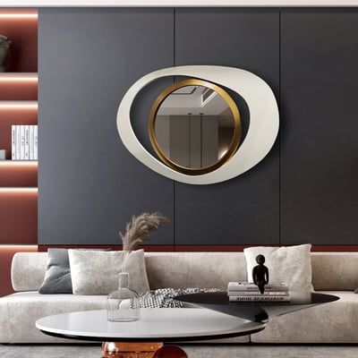 Modern 23.6" Large White & Gold Abstract Geometry Wall Mirror Decor Living Room Bedroom | Homary