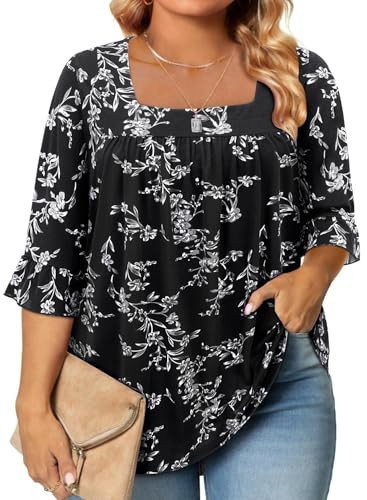 Siddhe Plus Size 3/4 Sleeve Tops for Women, Plus Size Summer Outfits Ladies Dressy Casual Work Shirts Square Neck Tunic Tops Ruffled Half Sleeve Tops Formal Blouses Fashion, Black Gray Flower, 2XL | Amazon (US)