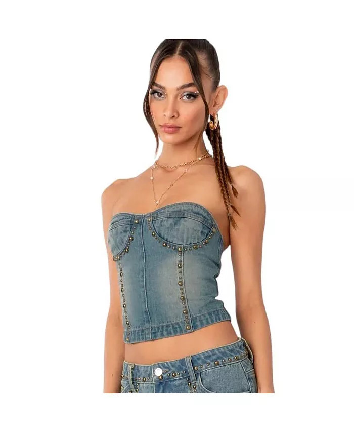 Women's Studded Washed Denim Lace Up Corset Top | Macys (US)